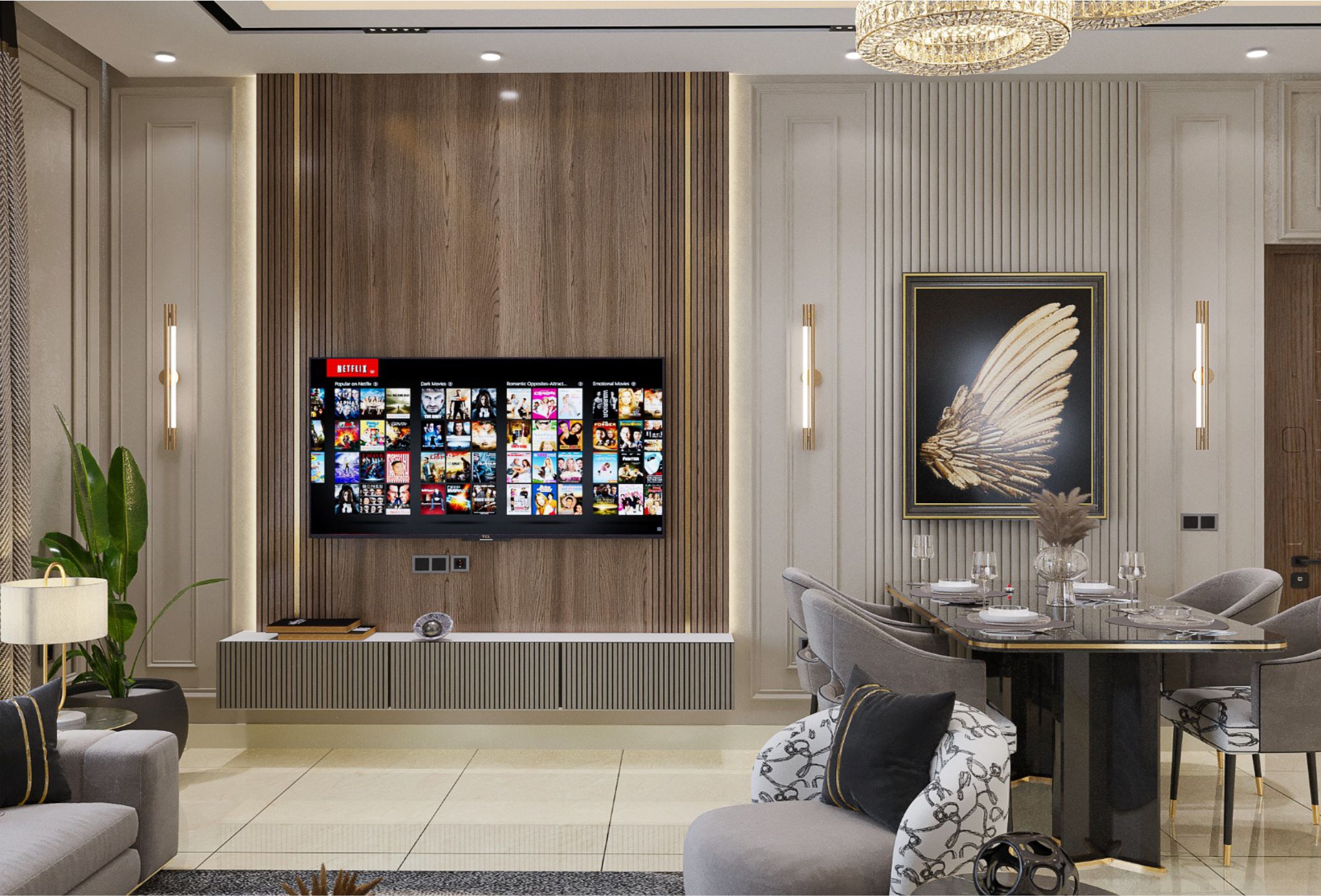 TV Wall & Dining close-up
